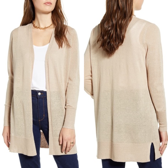 Halogen Sweaters - HALOGEN Tan Brown Side Slit Long Knit Cardigan